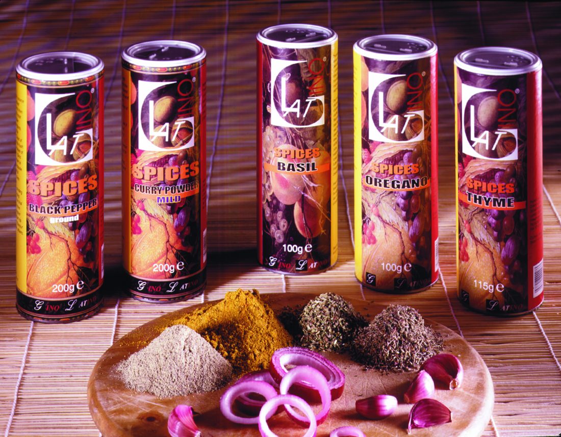 Gino Latino spice tins with ground spices and garlic